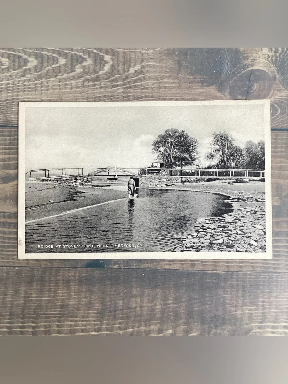 1910s Black & White Postcard Bridge At Stoney Point Thedford Ontario Touring Car